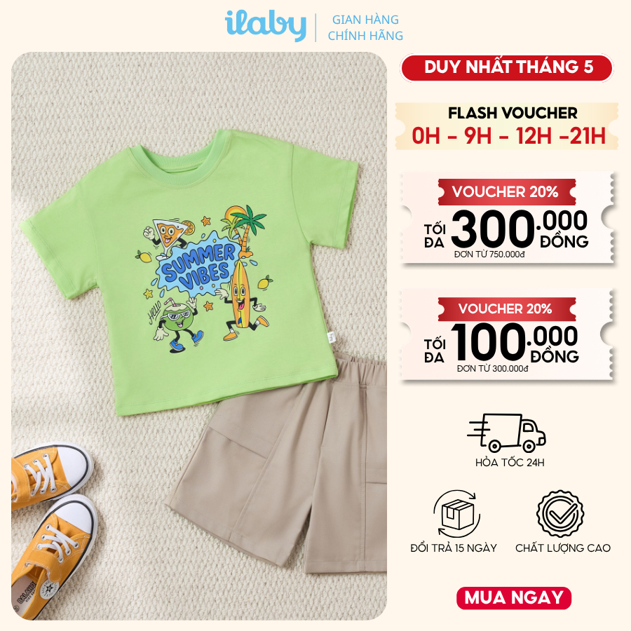 Áo thun bé trai ILABY cotton cổ tròn tay ngắn in hình Summer Vibes năng động cho bé [3884]