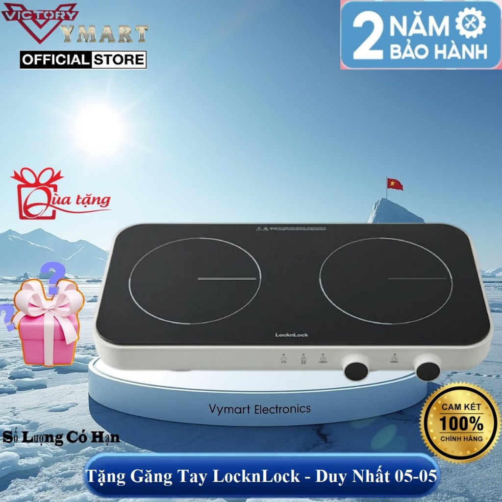 (Bảo Hành 2 Năm) Bếp Điện Từ Đôi LocknLock EJI326WHT Nhỏ Gọn, Mặt Kính, Khóa An Toàn, Hẹn Giờ