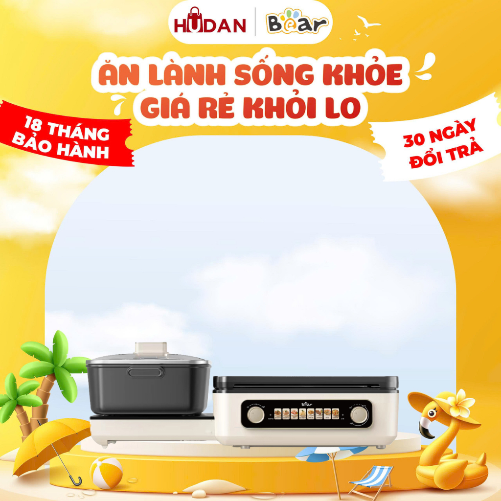 Nồi lẩu nướng BEAR 4L GR-5H22R83 Tiếng Việt Chiên Xào Áp chảo + Lẩu 2in1 BH 18 tháng