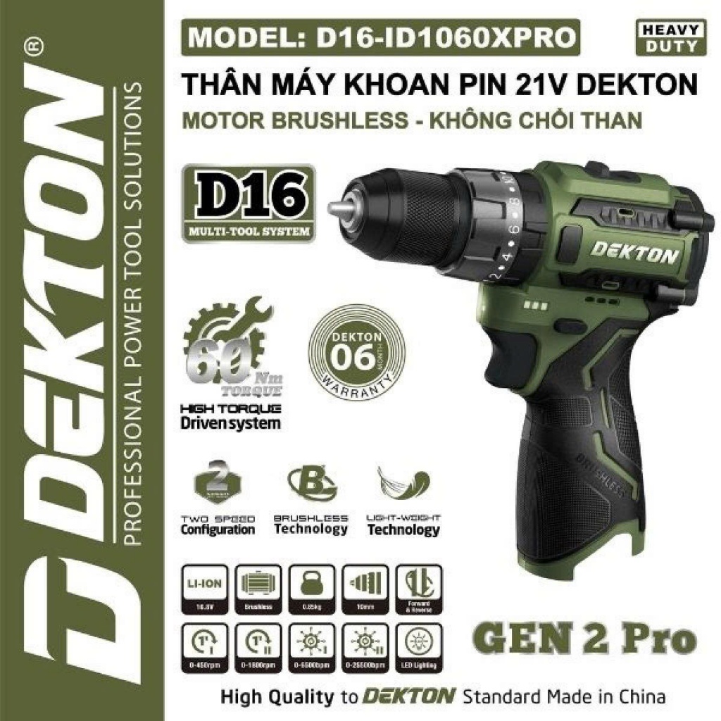 Máy khoan 16v DEKTON 60N.m model D16-ID1060XPRO- bảo hành 6 tháng- Hồng Nhiên