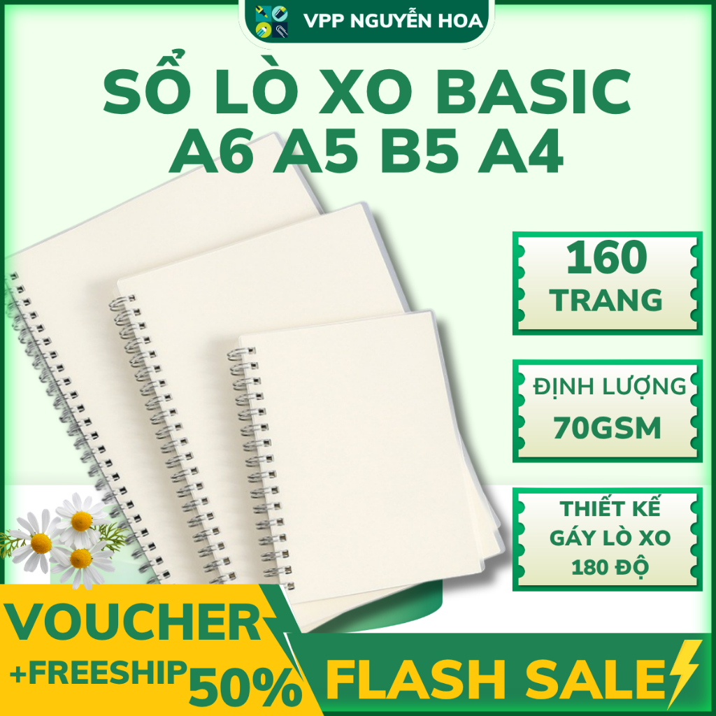 Sổ tay lò xo 80 tờ A5 B5 A6 A4  bìa trong suốt loại kẻ ngang , kẻ ô vuông và trắng trơn