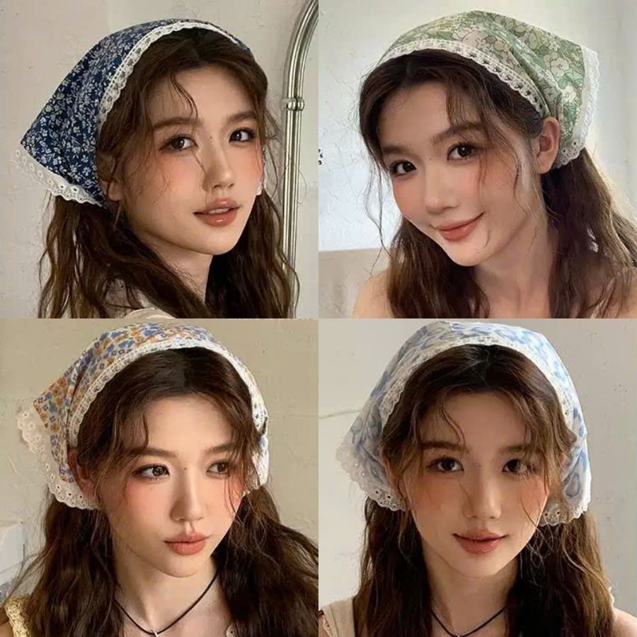 Khăn turban banada style vintage cổ điển, khăn turban hoa nhí viền ren hàn quốc