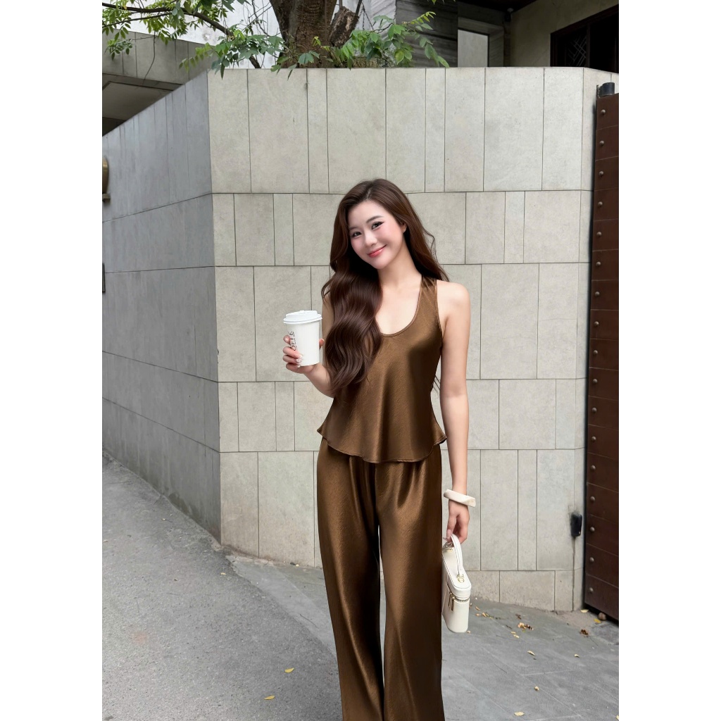 Quần Lụa nữ ống suông HHVINTAGE kiểu lưng thun ống rộng chất Lụa bóng A23 | BigBuy360 - bigbuy360.vn