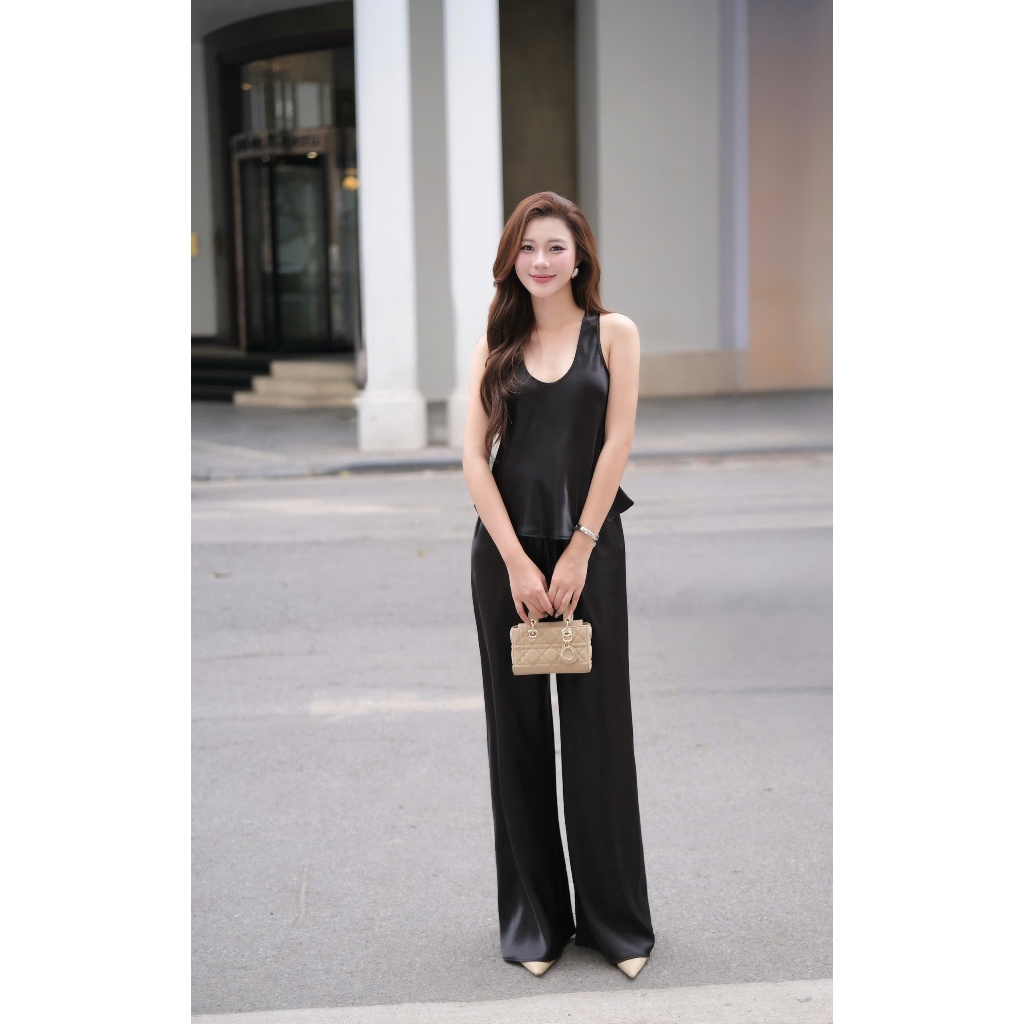 Quần Lụa nữ ống suông HHVINTAGE kiểu lưng thun ống rộng chất Lụa bóng A23 | BigBuy360 - bigbuy360.vn