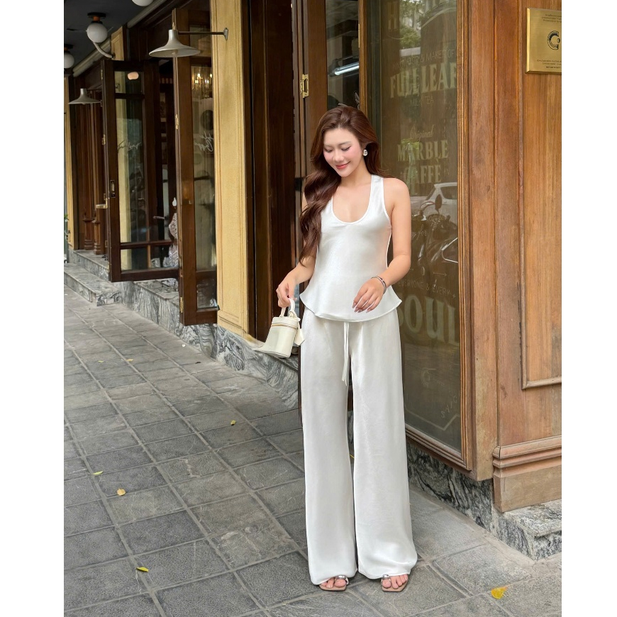 Quần Lụa nữ ống suông HHVINTAGE kiểu lưng thun ống rộng chất Lụa bóng A23 | BigBuy360 - bigbuy360.vn