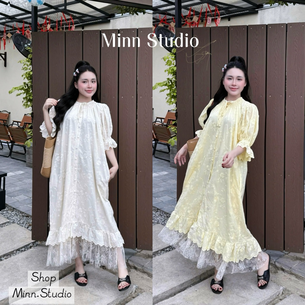 [Minn.studio] Váy Thô Boil Cổ Nhún Buộc Nơ Mix Ren Cao Cấp