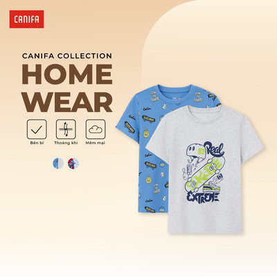 Combo 2 áo phông mặc nhà bé trai CANIFA cổ tròn ngắn tay in họa tiết 2LA26S002