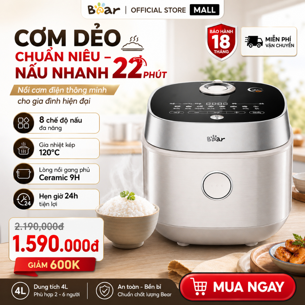 Nồi cơm điện BEAR  RC-4H40Y Tiếng Việt 4-6 người ăn Lõi 1,5L gang Ceramic Pro 9H - 8 chế độ nấu