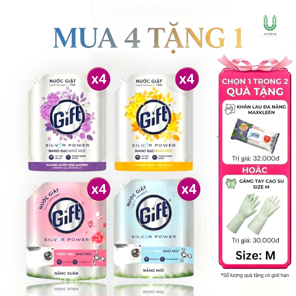 COMBO 4 Túi Nước Giặt Gift 3.6k/ Nước Xả Gift 3.2kg Hương Hoa Đa Dạng