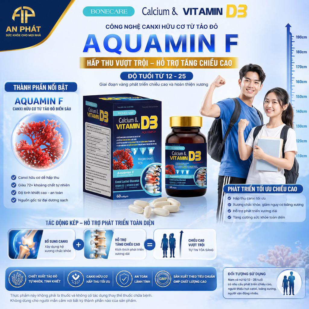 Viên Uống Tăng Chiều Cao CALCIUM & VITAMIN D3 Bổ sung Canxi Nano và Canxi hữu cơ AquaminF từ tảo biể