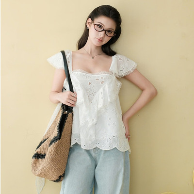 TUBYCATU Áo Kiểu Nữ Sori Lace Phối Ren Eyelet Bèo Nhún Ngọt Ngào Nữ Tính