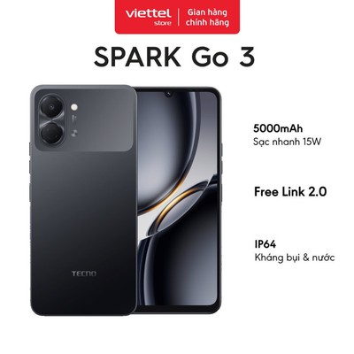 Điện thoại TECNO SPARK Go 3 4GB + 64GB |  Pin 5000mAh | Freelink 2.0 | IP64 | Màn hình 6.75” 120Hz