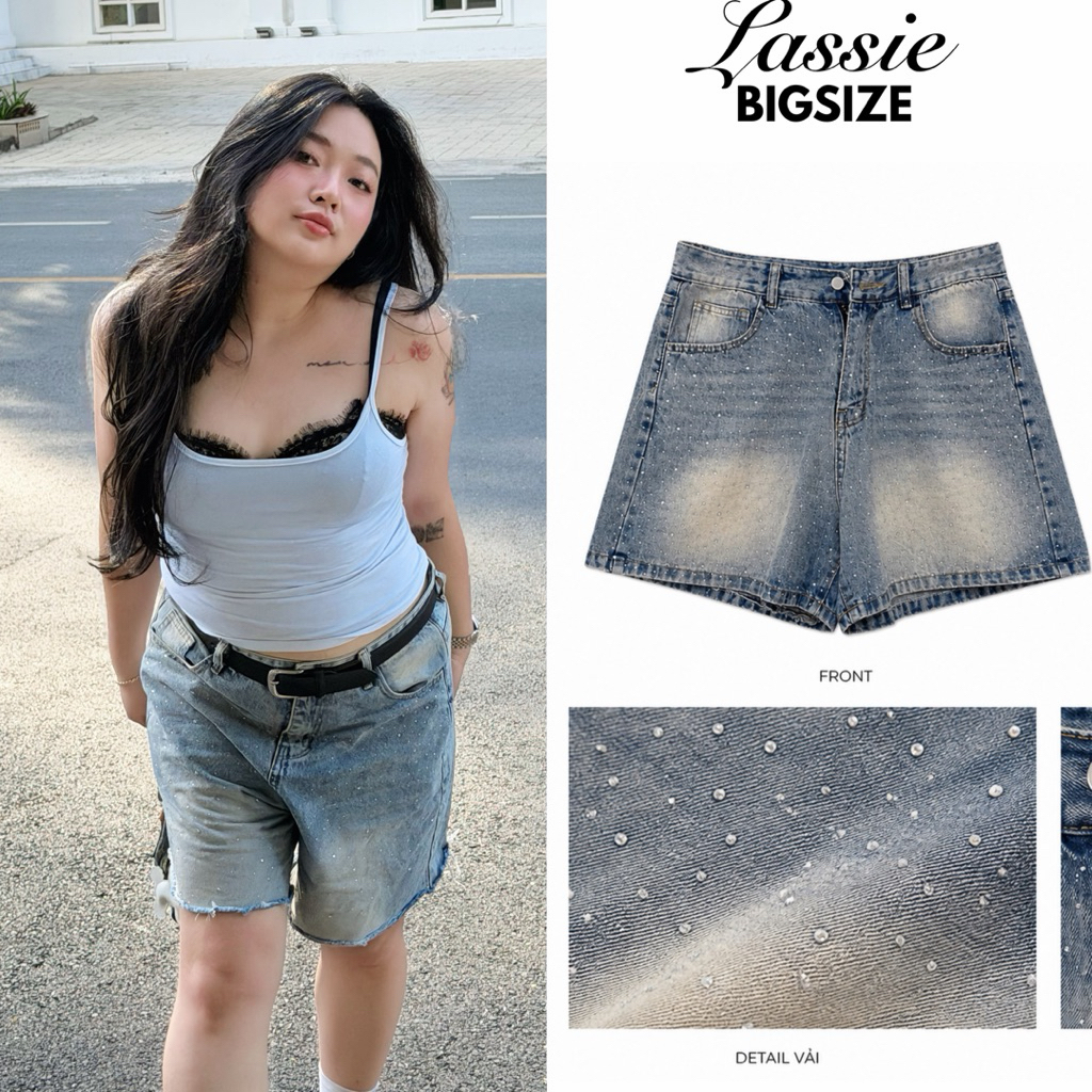 LASSIE BIGSIZE| Quần jeans lửng đính đá bigsize (70-95kg) - NGỐ BLING