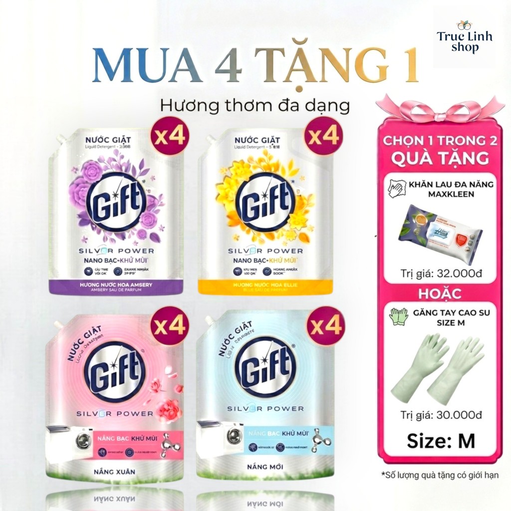 COMBO 4 Túi Nước Giặt Gift 3.6kg/ Nước Xả Gift 3.2kg Lưu Hương Lâu