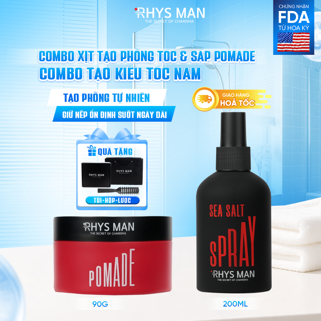 Combo - Xịt tạo phồng tóc 200ml & Sáp vuốt tóc Pomade 90g Rhys Man