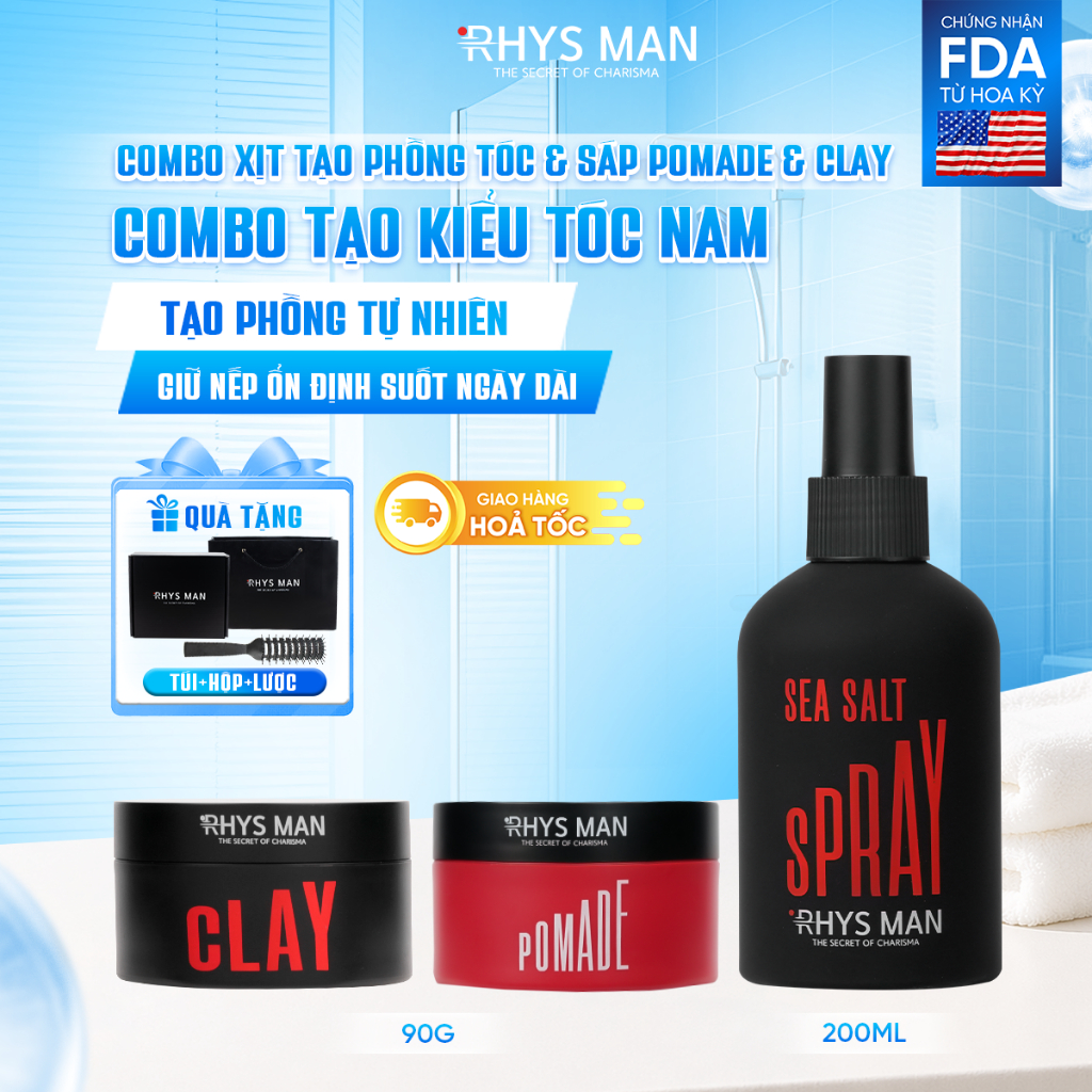 Combo - Xịt tạo phồng tóc 200ml & Sáp vuốt tóc Pomade & Sáp vuốt tóc 3S Airy Texture Clay 90g Rhys M