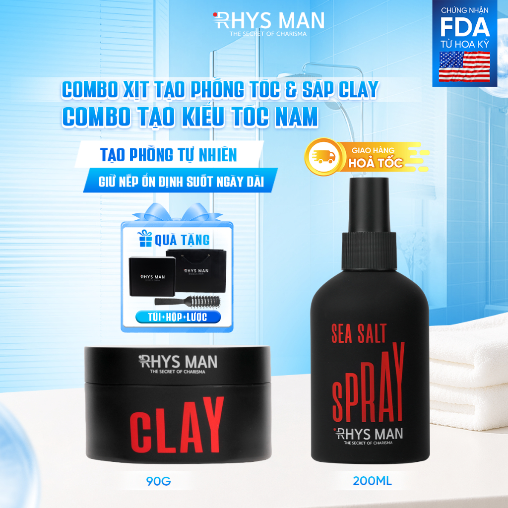 Combo - Xịt tạo phồng tóc 200ml & Sáp vuốt tóc 3S Airy Texture Clay 90g Rhys Man