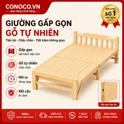 CONOCO Giường gấp gọn gỗ tự nhiên 100% không cần lắp đặt, giường đơn cao cấp chắc chắn