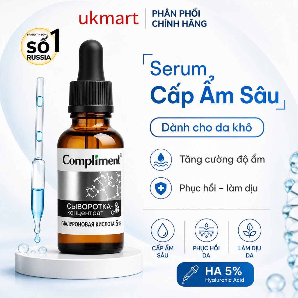 Serum Compliment Hyaluronic Acid 5% Cấp Ẩm Sâu, Phục Hồi Cho Da Khô, Da Nhạy Cảm, Da Treatment 27ml