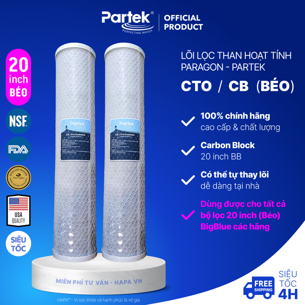 Lõi Lọc 20 inch Béo Cao Cấp Carbon Block P4520-CB CTO BIGBLUE - Chính Hãng PARAGON, PARTEK, MAXTEC, 