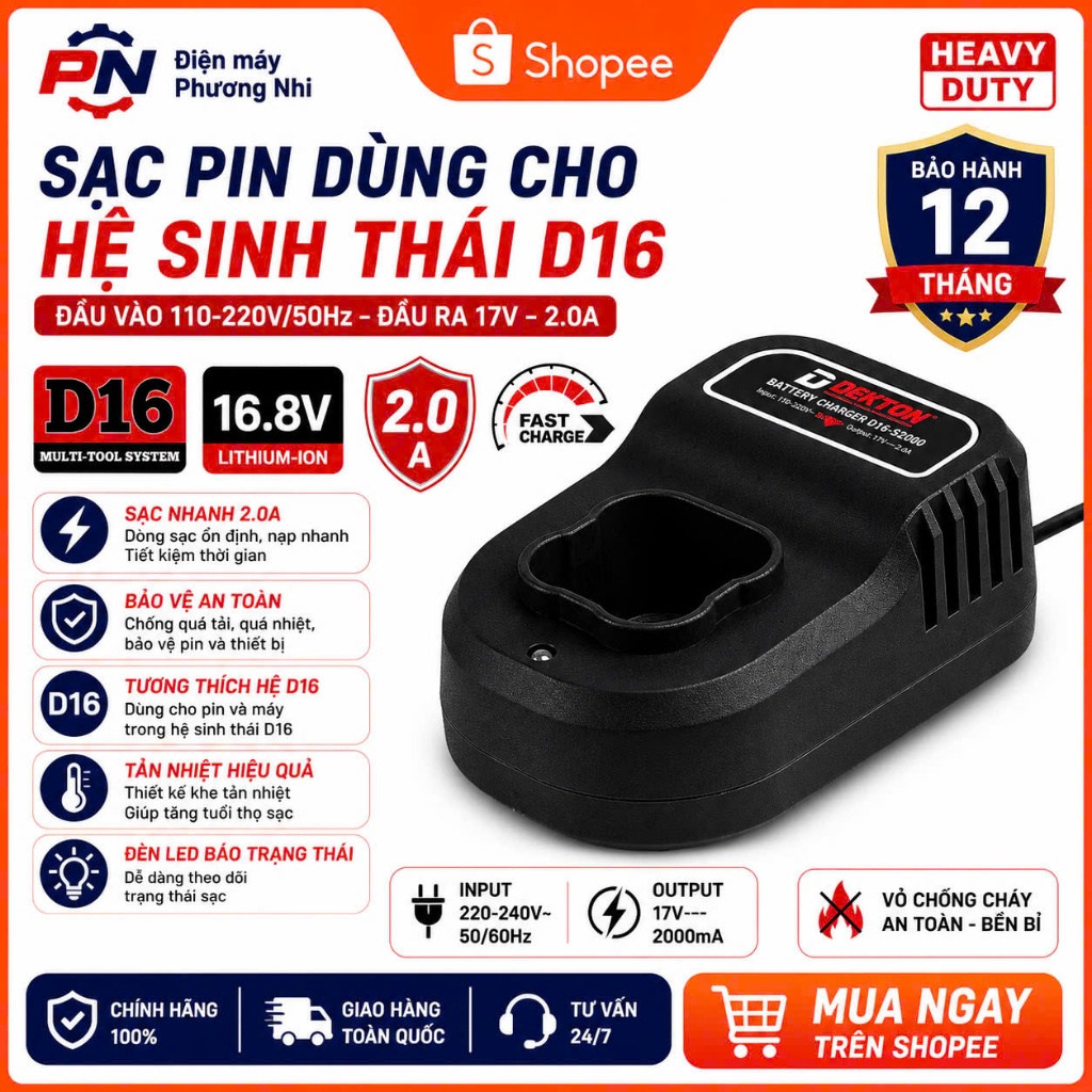 Sạc pin Dekton D16-S2000 16.8V 2.0A – Sạc nhanh pin Lithium-ion D16 chính hãng, an toàn chống cháy
