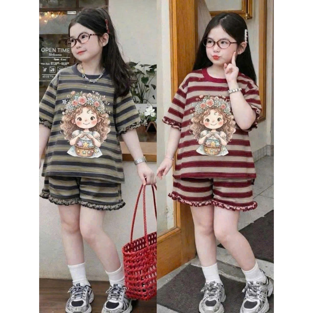 Set đồ bé gái Quảng Châu, Đồ bộ bé gái, áo cộc tay cotton kẻ sọc mix quần short thể thao10-35kg Luna