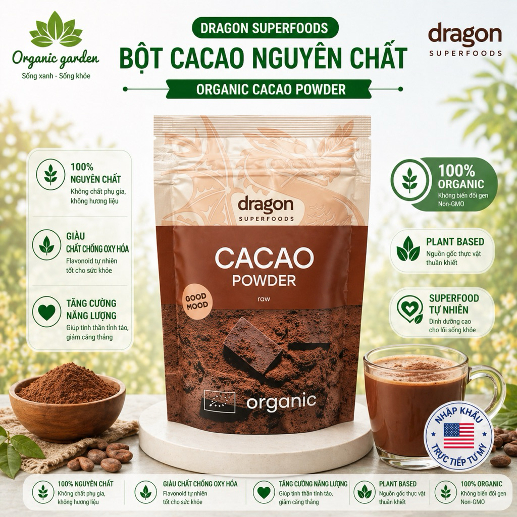 Bột Cacao hữu cơ Nguyên Chất Dragon Superfoods Cacao Powder 200gr