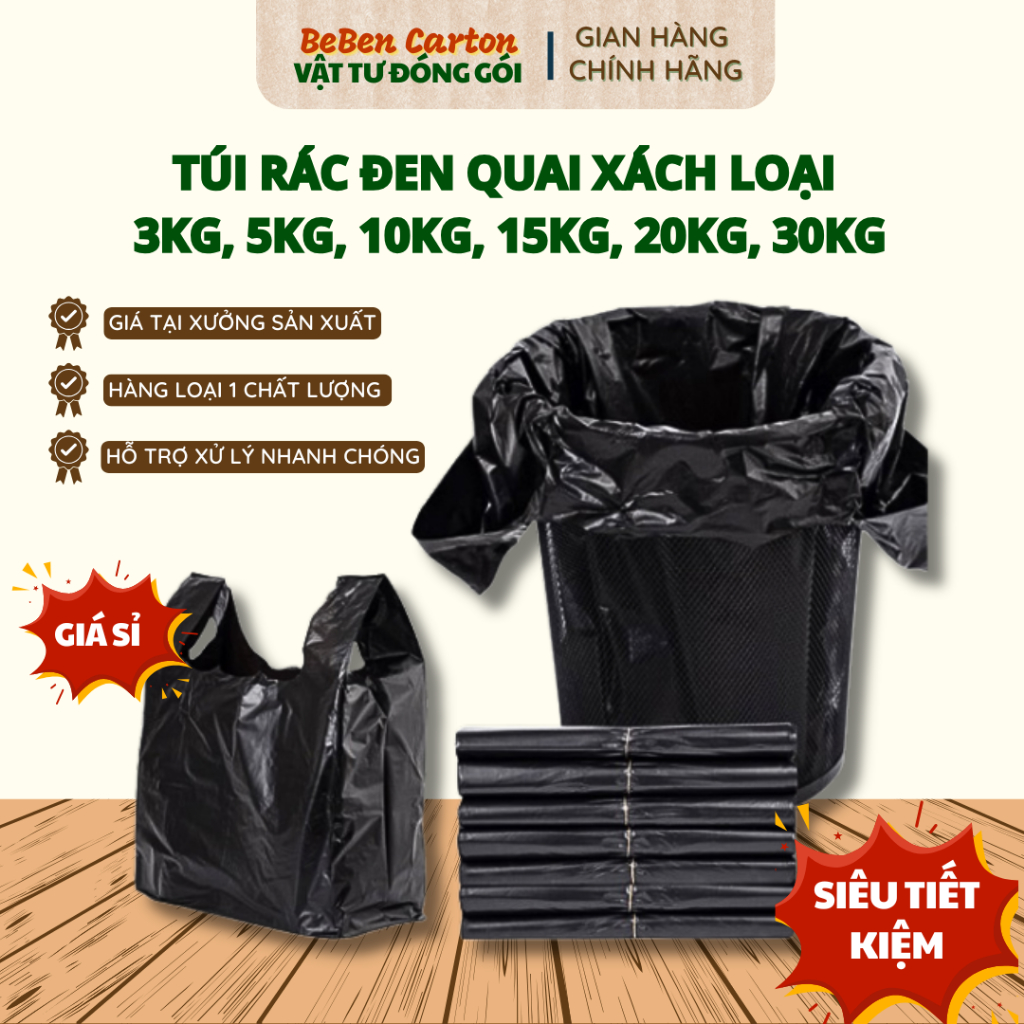 1KG Túi Đen Đựng Rác Đủ Kích Thước, Gói Hàng Siêu Tiết Kiệm - Bé Bền Carton