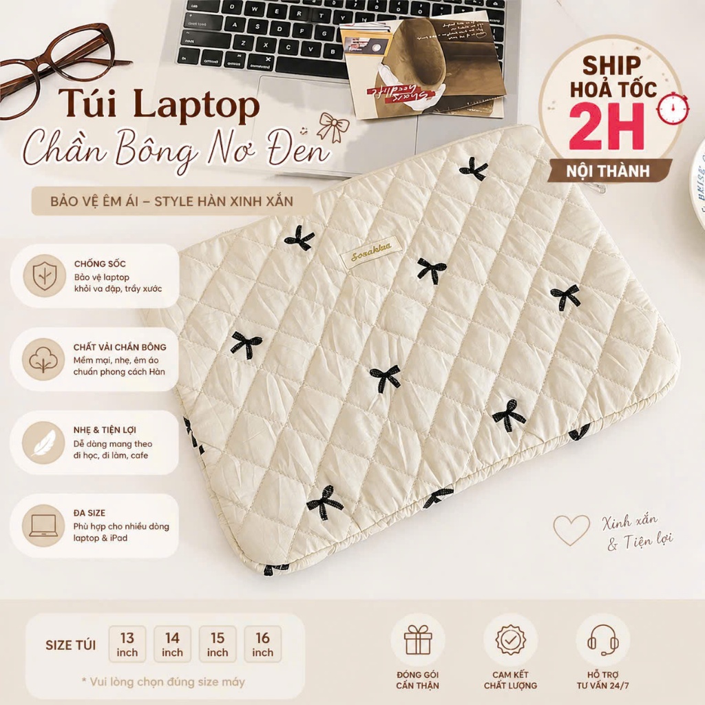 Túi Đựng Laptop Chần Bông Nơ Đen – Túi Chống Sốc Macbook iPad 13/14/15/16 Inch – SANDWICHPHUKIENXINH