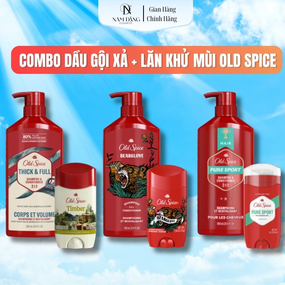 Combo Old Spice Dầu gội & Lăn khử mùi Old Spice hương Timber,Thick&Full / Bearglove / Pure Sport