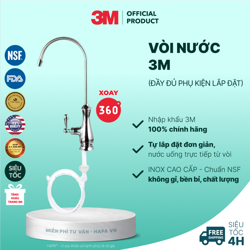 Vòi Nước Uống 3M Cao Cấp, Đầy Đủ Phụ Kiện, Có thể tự lắp đặt đơn giản - Hàng Chính Hãng 3M