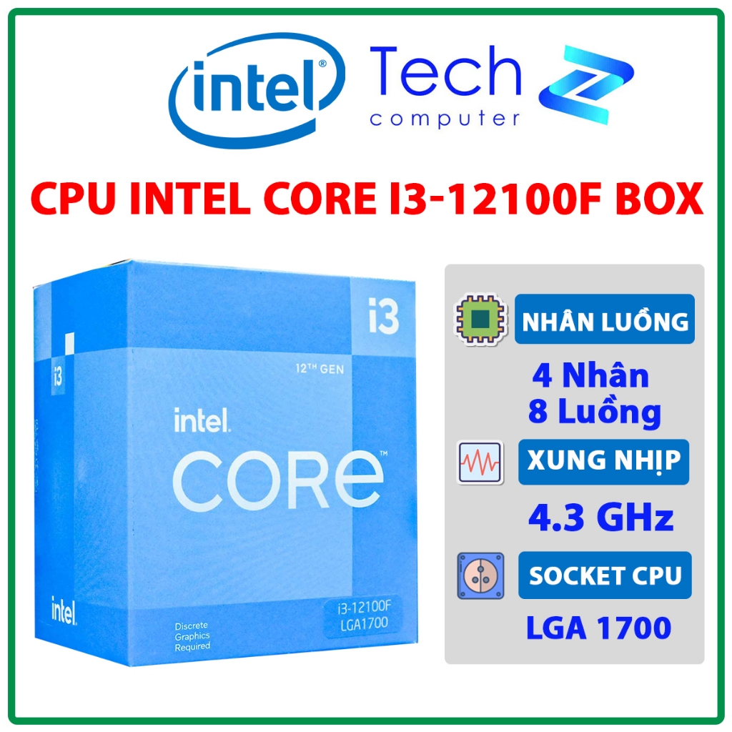 [CÓ VAT] CPU Intel Core i3-12100F BOX Chính Hãng 4 Nhân 8 Luồng 4.3GHz 12MB Cache LGA1700