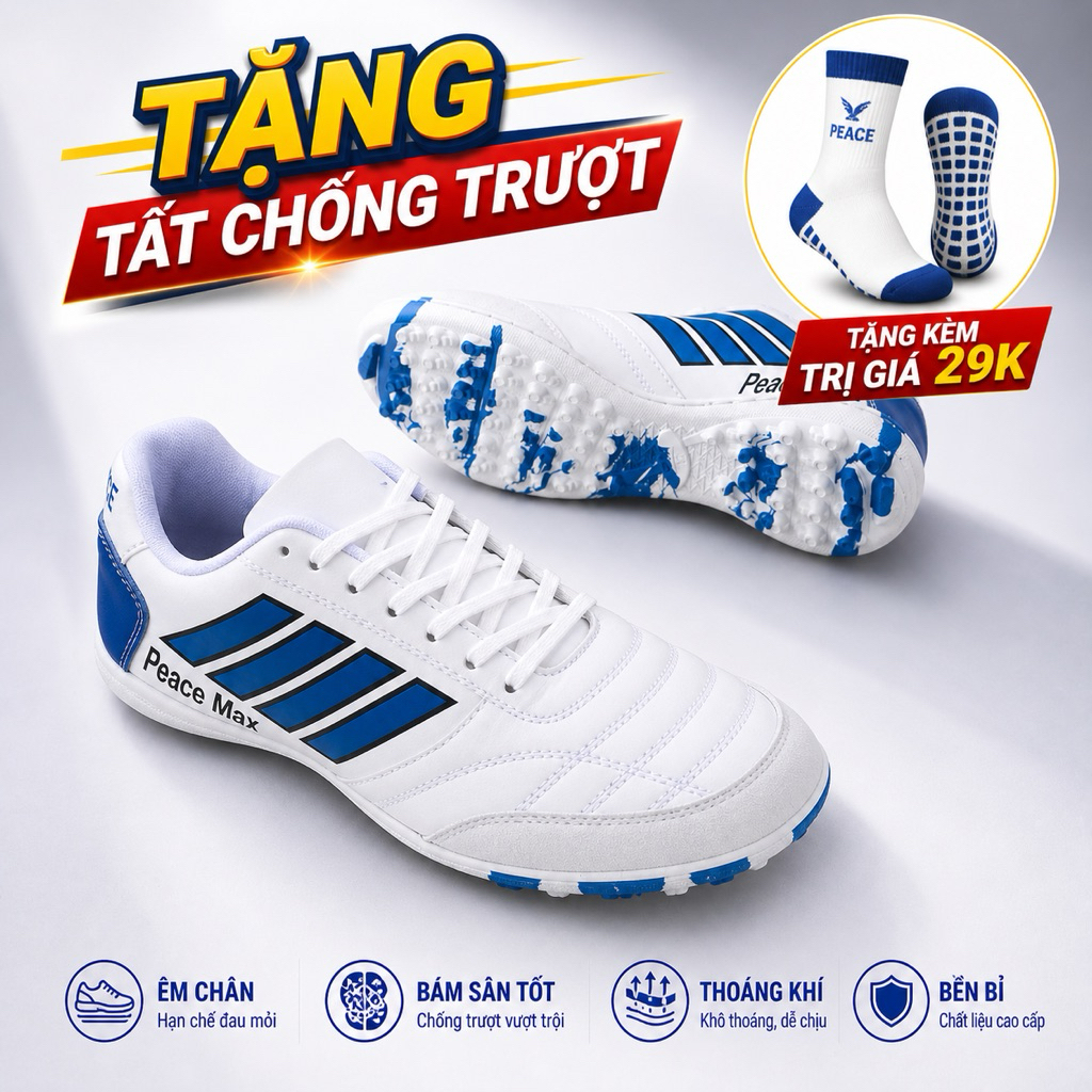 Giày Đá Banh Nam Nữ Peace Max TF – Đế Cao Su Bám Cỏ, Nhẹ, Bền, Đá Sân Nhân Tạo + Tặng Tất Chống Trượ