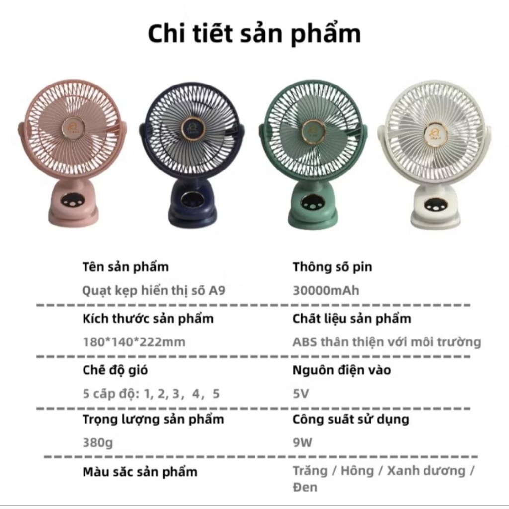 Quạt  sạc điện 30000mAh – Kẹp 8 inch có đèn LED, 5 tốc độ điều chỉnh, hiển thị pin tiện lợi