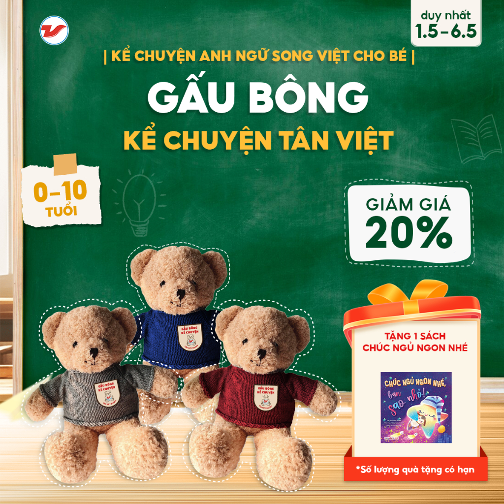 [BÁN CHẠY] Gấu bông kể chuyện Tân Việt Books - Nhiều mẫu - Đồ Chơi Giúp Bé Học Ngủ Ngon & Tiếng Anh Thụ Động