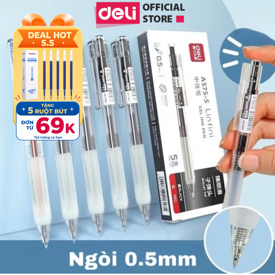 [🔥2K/Ngòi] Bút Bi Nước Deli Viết Gel Bấm A575 Ngòi 0.5mm Mực Xanh Đen Đỏ Trơn Tru Học Sinh Văn Phòng