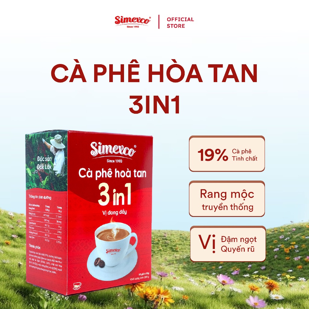Cà phê hòa tan Simexco 3in1 Cà phê sữa (18 gói x 16gr)