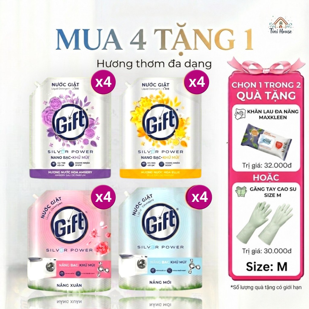 COMBO 4 Túi Nước Giặt Gift 3,6kg/ Nước Xả Gift 3.2kg Hương Nước Hoa Đậm Đặc