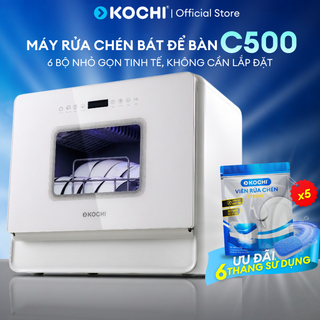[Bán chạy] Máy rửa chén bát để bàn KOCHI C500 - Sức chứa 6 bộ - Không cần lắp đặt - 5+1 chương trình