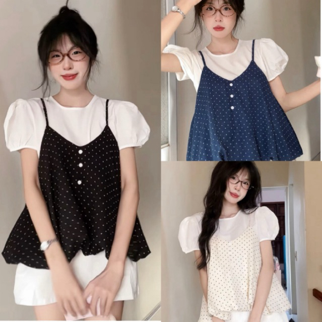 Set Áo Nữ , Set Yếm 2 Dây Chấm Bi Dáng Bí Phồng 2 Lớp