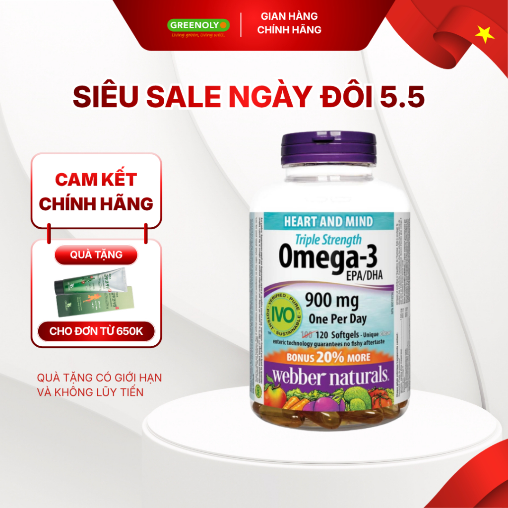 Dầu Cá Omega 3 Webber Naturals Hỗ Trợ Tim Mạch, Não Triple Strength Omega 3 900mg EPA/DHA