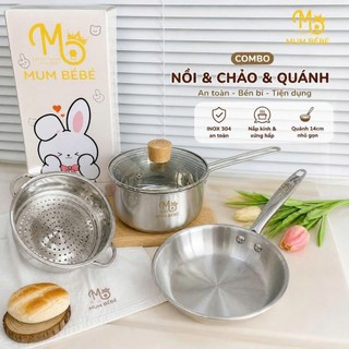 Combo Nồi Chảo Inox 304 Mumbebe/ Babyboo/ Okby Nguyên Khối Chế Biến Đồ Ăn Dặm Cho Bé