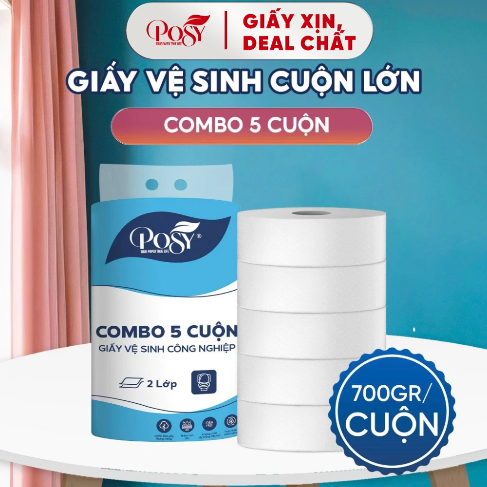 POSY_COMBO 5 CUỘN Giấy Vệ Sinh Cuộn Lớn Posy 700g, 2 Lớp Tiết Kiệm Cho Văn Phòng, Công Ty