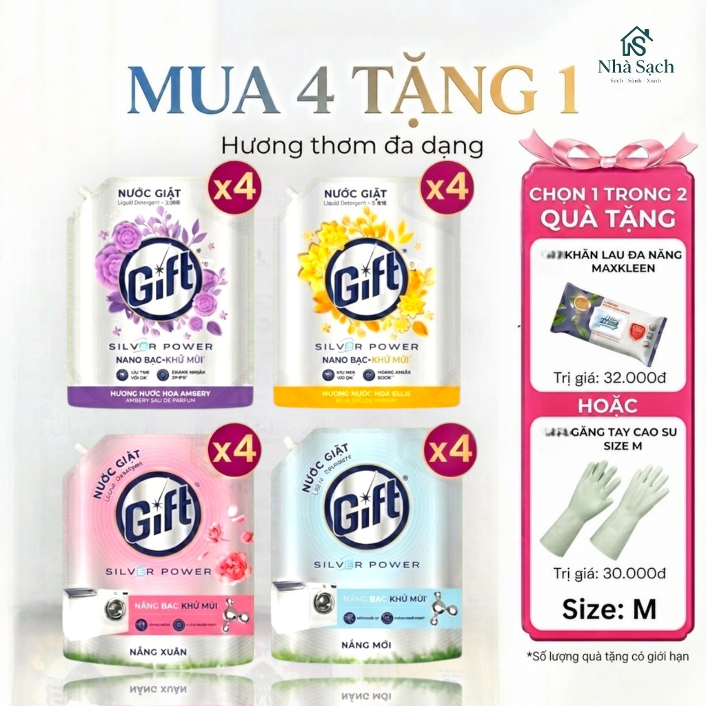 COMBO 4 Túi Nước Giặt Gift 3.6kg/ Nước Xả Gift 3.2kg Đa Dạng Hương Thơm