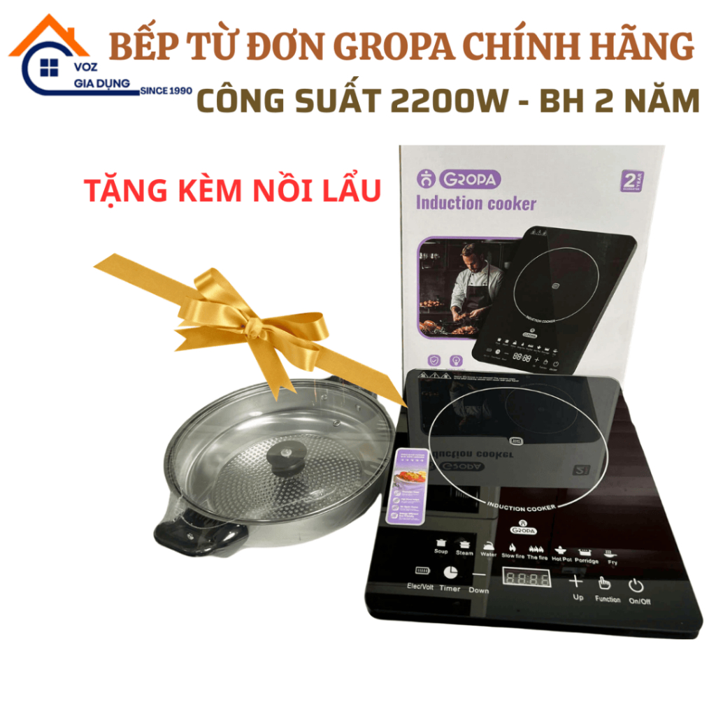 Bếp từ đơn công suất 2200w tặng kèm nồi lẩu , bếp từ đơn Gropa bảo hành 2 năm chính hãng