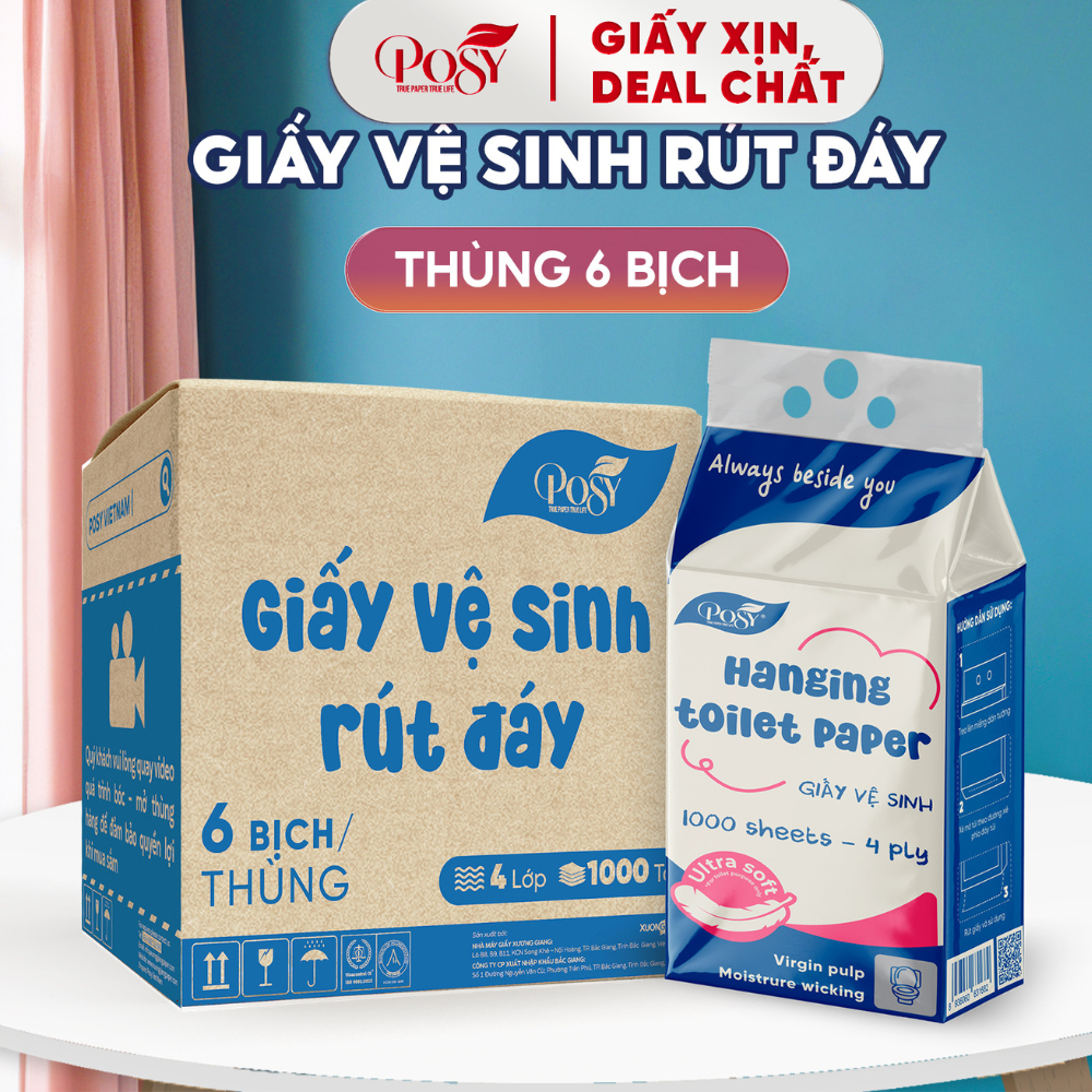 [Giá Dùng Thử S3] Thùng 6 Bịch Giấy Vệ Sinh Rút Đáy Posy 1000 Tờ 4 Lớp Mềm Dai Thấm Hút Treo Tường