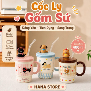 Cốc Ly Gốm Sứ 400ML Kèm Ống Hút + Charm Mẫu Mới Dáng Cao 3 Màu