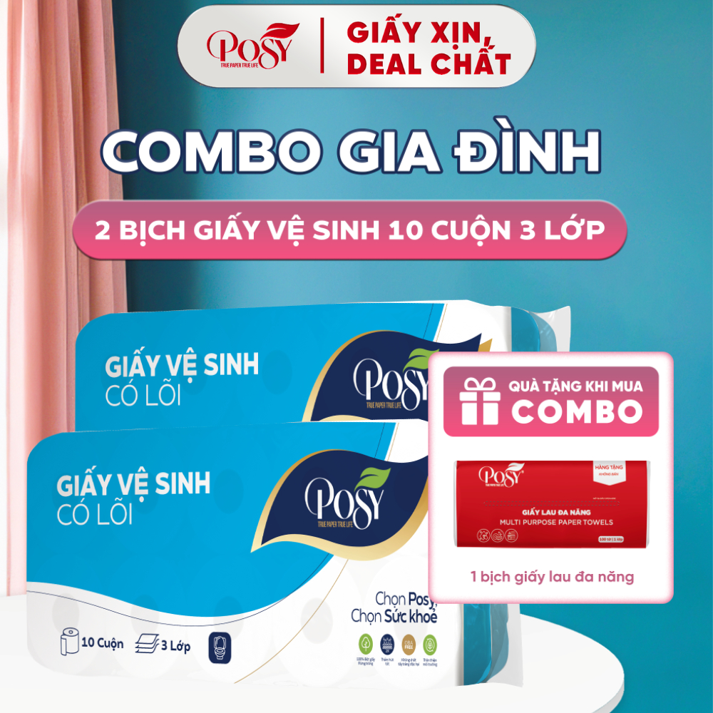 POSY_[Live Kol - Combo Gia Đình S3] 2 Bịch Giấy Vệ Sinh Posy 10 Cuộn 3 Lớp Mịn Dễ Tan Có Lõi/ Không 