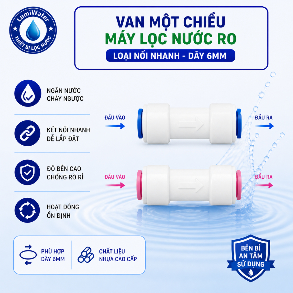 Van Một Chiều Máy Lọc Nước RO - (Loại Nối Nhanh 2 Đầu Dây 6mm)