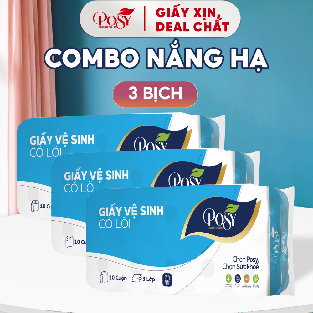 POSY_[COMBO NẮNG HẠ] 3 Bịch Giấy Vệ Sinh Posy 10 Cuộn 3 Lớp (1.6kg/Bịch), Mềm Mịn Làm Từ Bột Giấy Tự